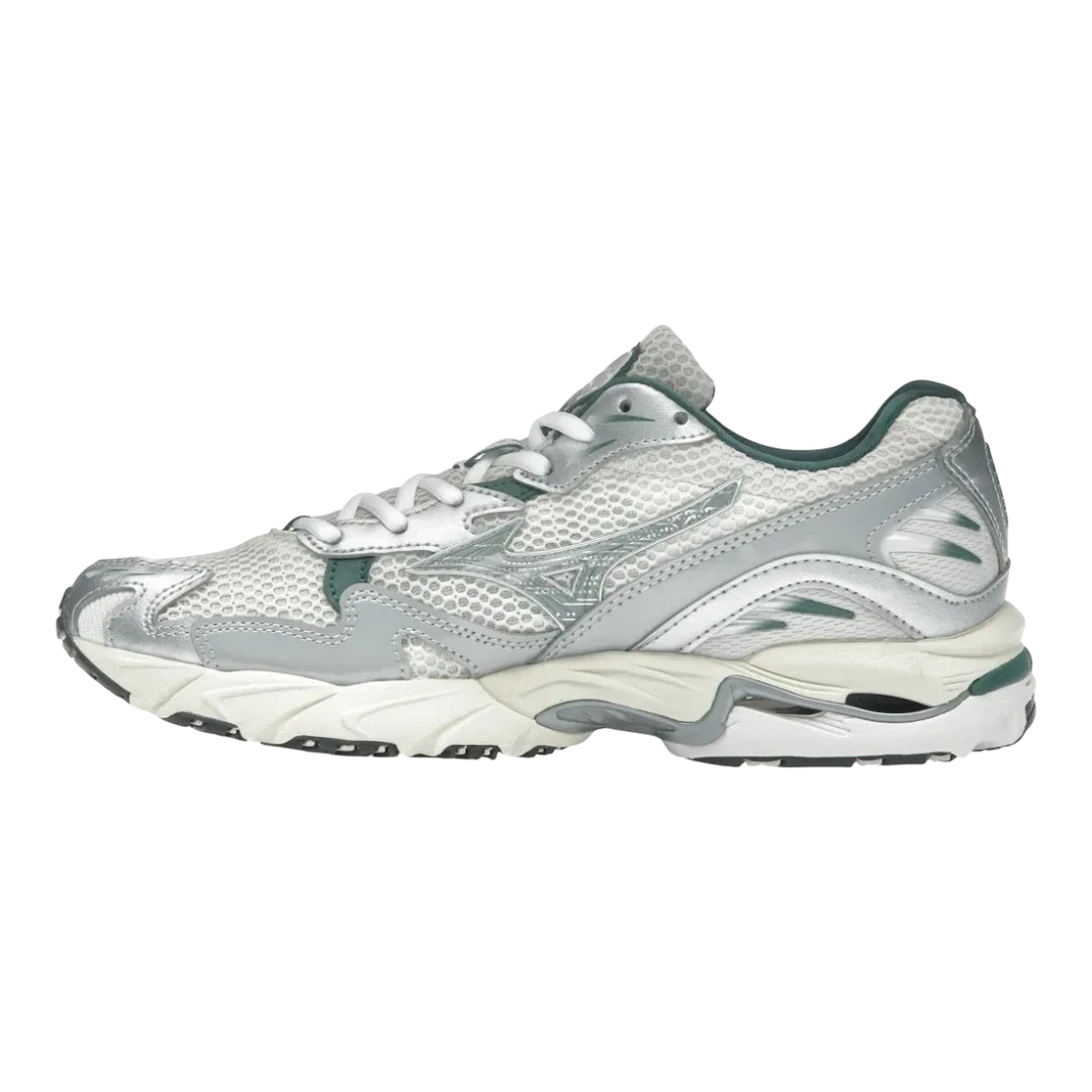 HypeSelection Mizuno Wave Rider 10 white mesh sneakers with slate and bistro green accents, featuring Wave technology.