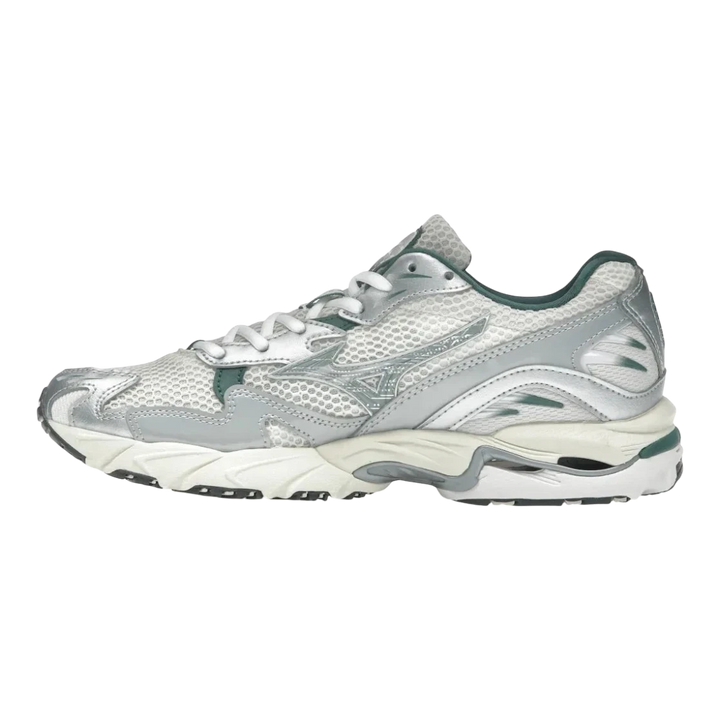 HypeSelection Mizuno Wave Rider 10 white mesh sneakers with slate and bistro green accents, featuring Wave technology.