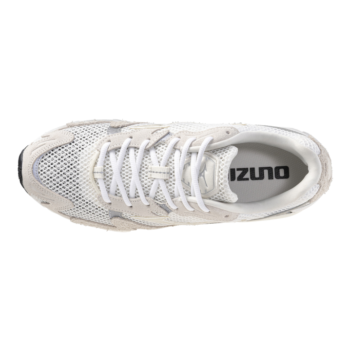 HypeSelection Mizuno Wave Rider 10 Suede sneaker in white and grey mesh with soft suede overlays, top-down view.