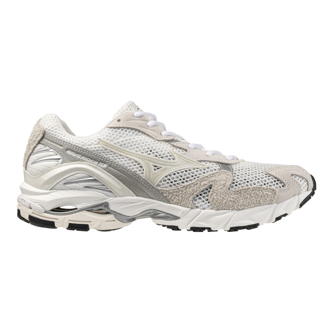 HypeSelection Mizuno Wave Rider 10 Suede sneaker in white and grey mesh with premium suede overlays and side profile.