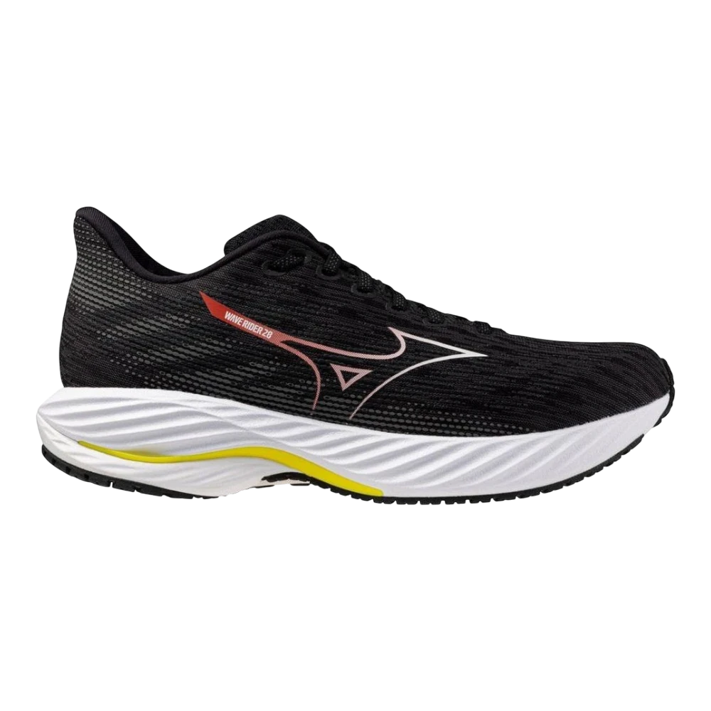 HypeSelection Mizuno Wave Rider 28 black running shoe with white midsole and yellow accent.