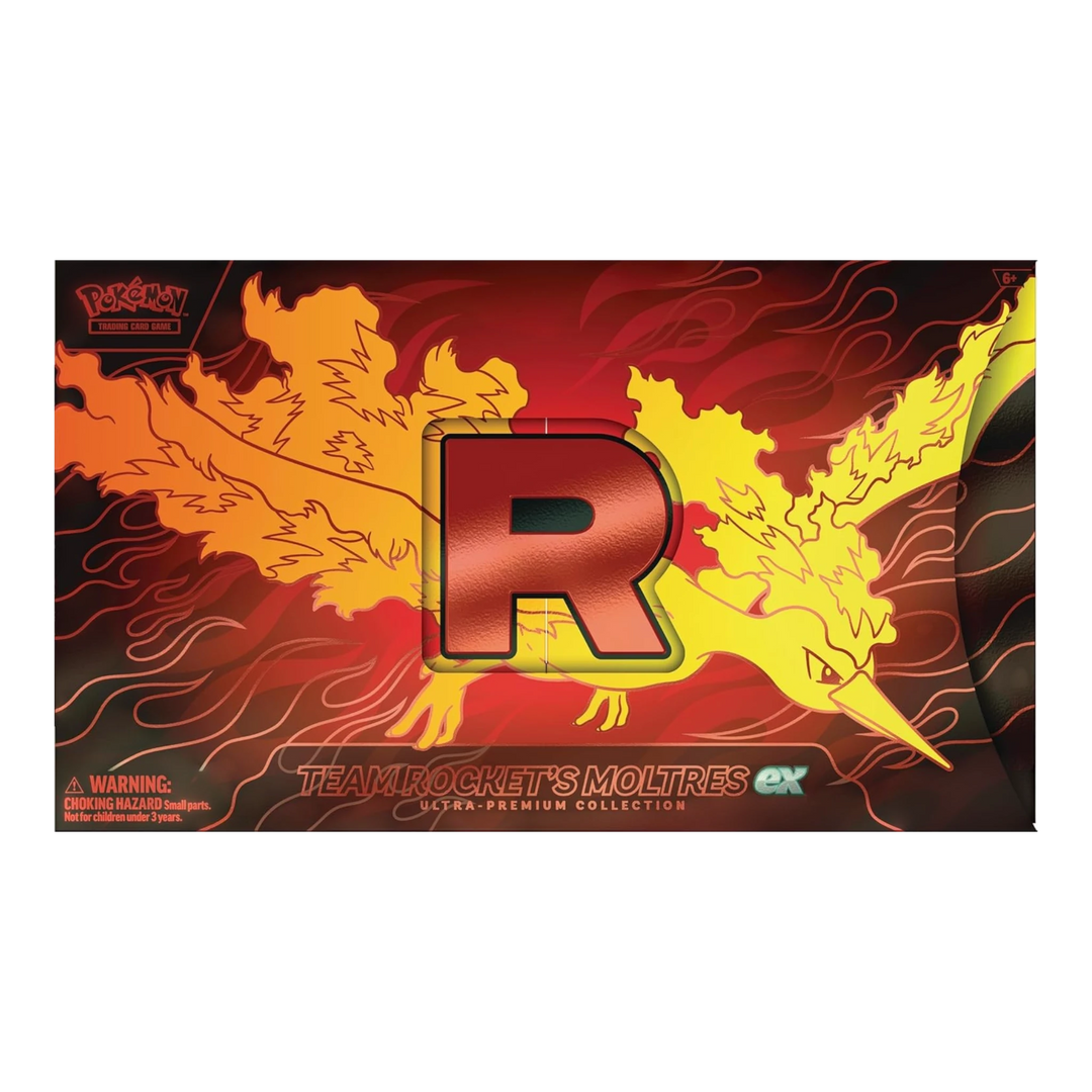 HypeSelection Team Rocket's Moltres ex Ultra-Premium Collection box featuring fiery artwork and the Team Rocket 'R' logo.