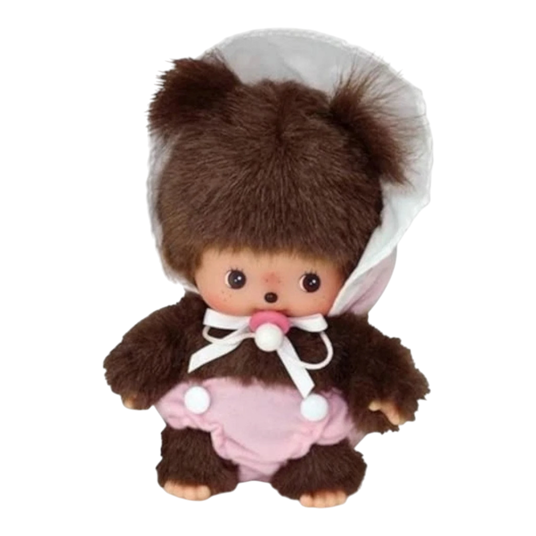 HypeSelection Monchhichi Babychhichi Girl S plush keychain with brown fur, pink diaper, and white bib.