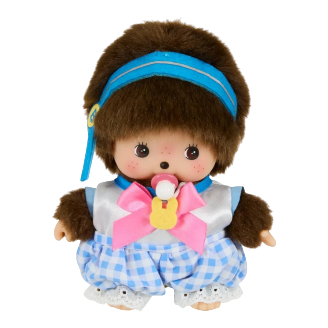 HypeSelection Monchhichi Babychhichi Idol Boy plush keychain with blue headband, pink bow, and blue gingham shorts.
