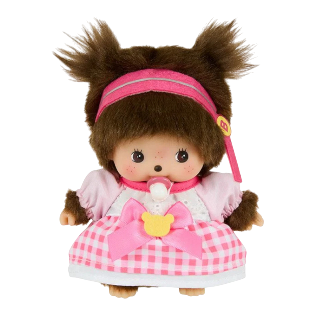 HypeSelection Monchhichi Babychhichi Idol Girl plush keychain with pink gingham dress and pacifier.