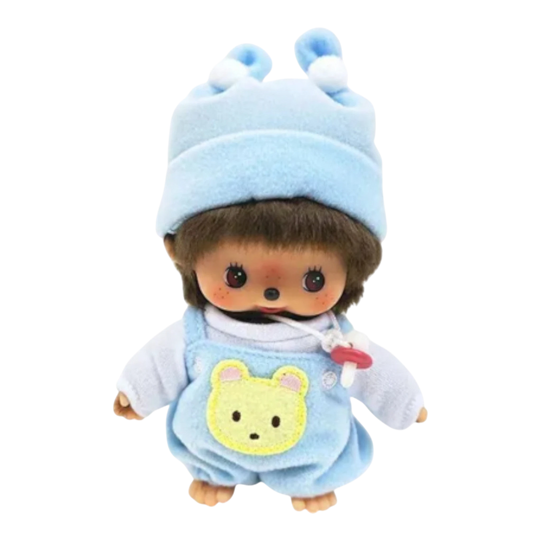 HypeSelection Monchhichi Babychhichi Revival Boy plush doll in light blue overalls with a yellow bear patch and a pacifier.