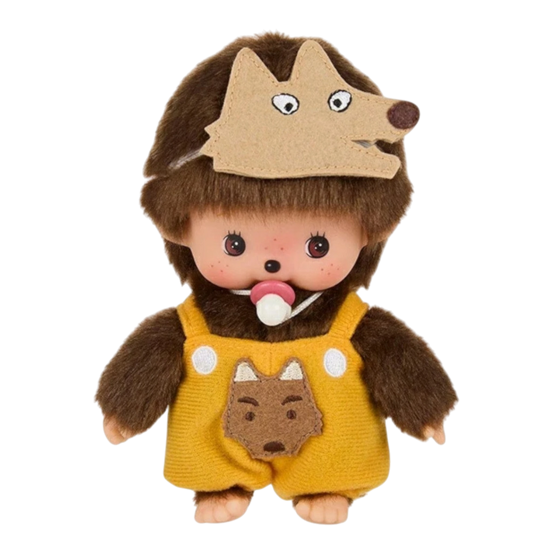 HypeSelection Monchhichi Babychhichi Wolf plush keychain with yellow overalls and wolf hood, featuring a pacifier.