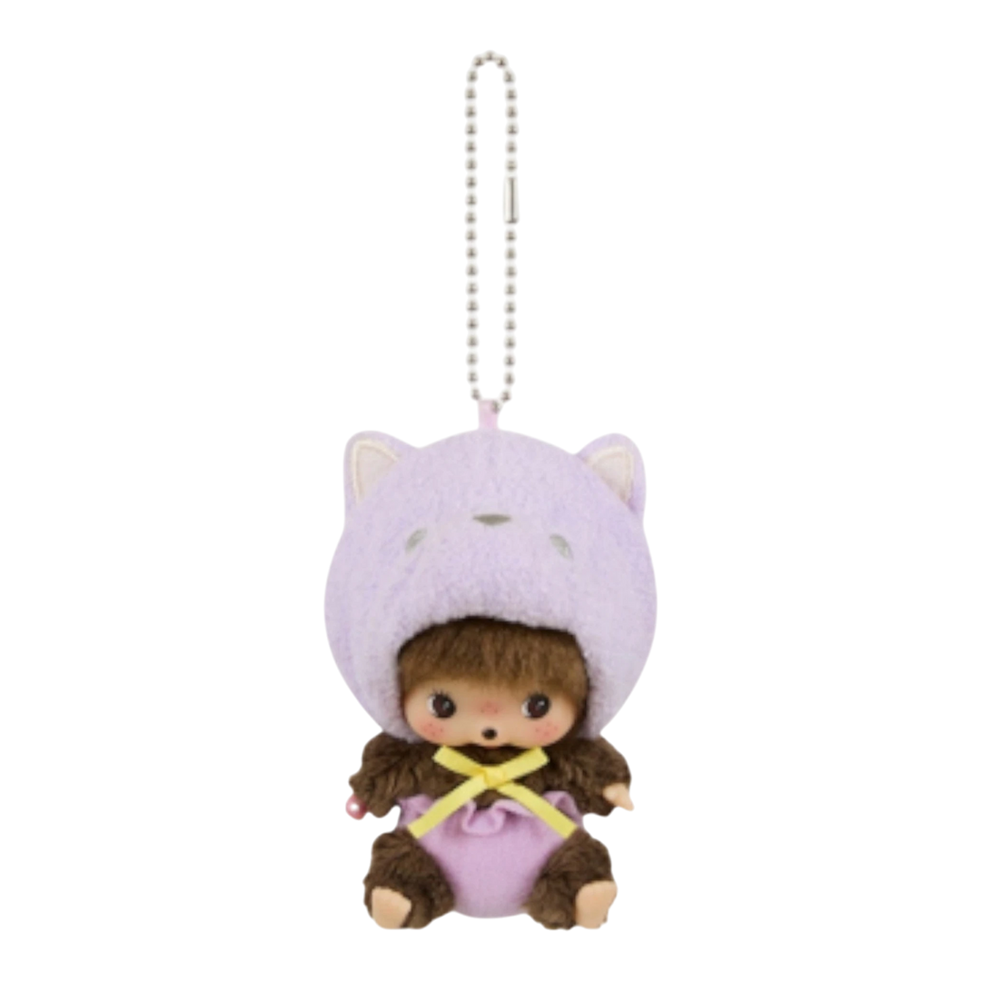 HypeSelection Monchhichi Babychhichi cat plush keychain with big face design and removable purple cat hood.
