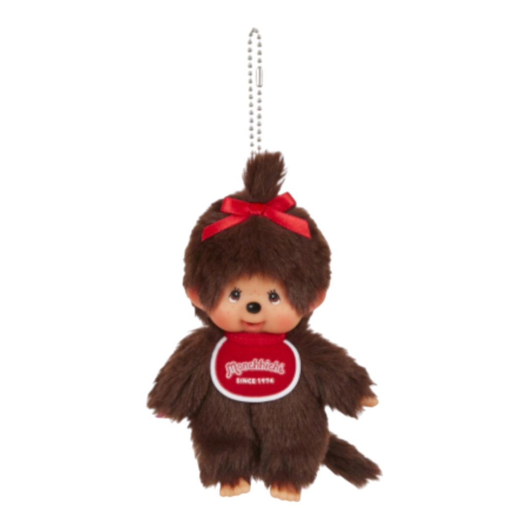 HypeSelection Monchhichi Girl plush keychain with red bib and bow, brown fur, and ball chain.