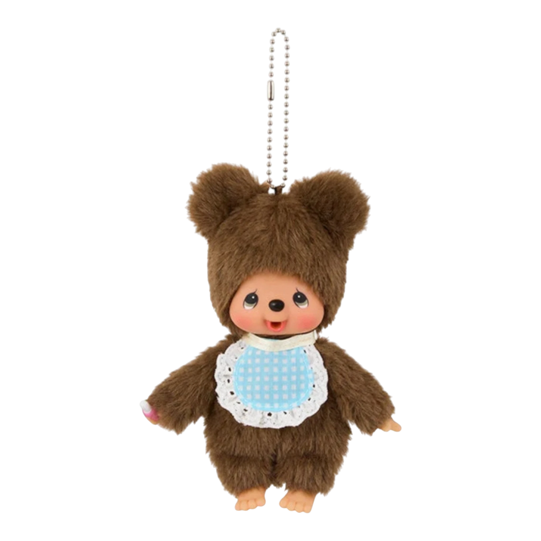 HypeSelection Monchhichi Kuma plush keychain with brown fur, blue gingham bib, and ball chain attachment.