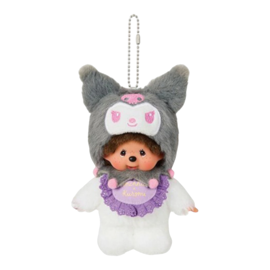 HypeSelection Monchhichi x Kuromi plush keychain with grey Kuromi hood and purple bib, soft boa fabric.