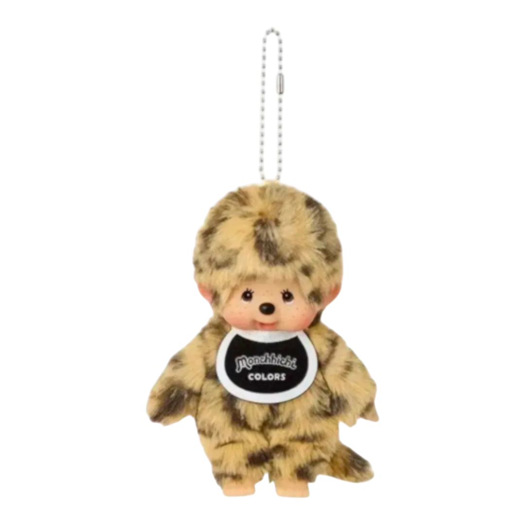 HypeSelection Monchhichi Colors leopard print plush keychain with a black bib. Soft faux-fur.