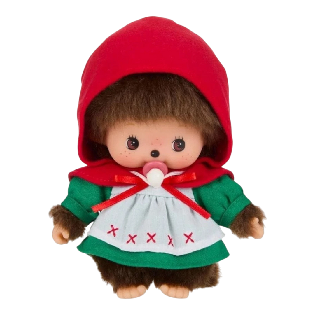 HypeSelection Monchhichi Babychhichi Little Red Riding Hood plush keychain with red hood and green dress.