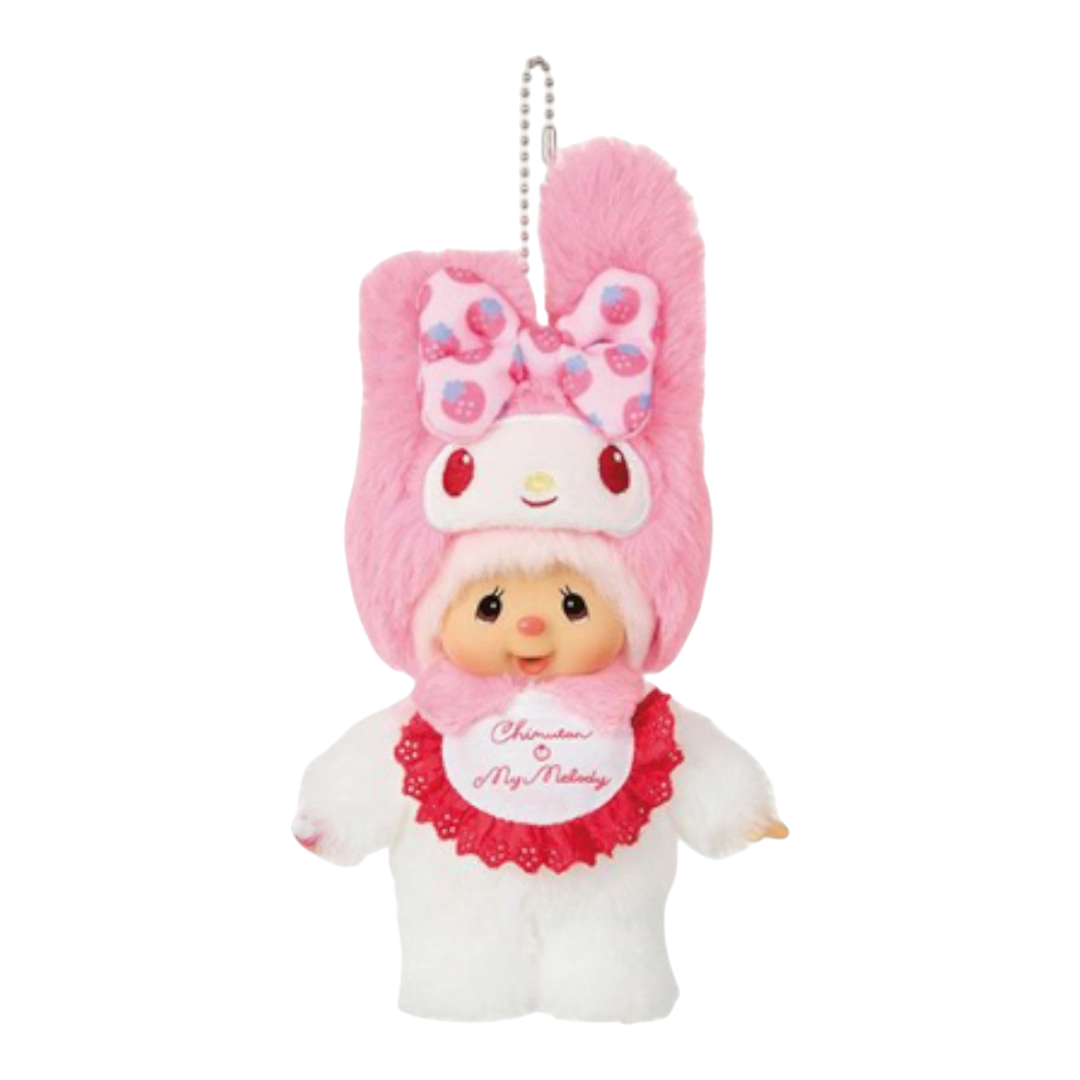 HypeSelection Monchhichi x My Melody Chimuta plush keychain with pink hood and strawberry bow. Soft boa fabric.