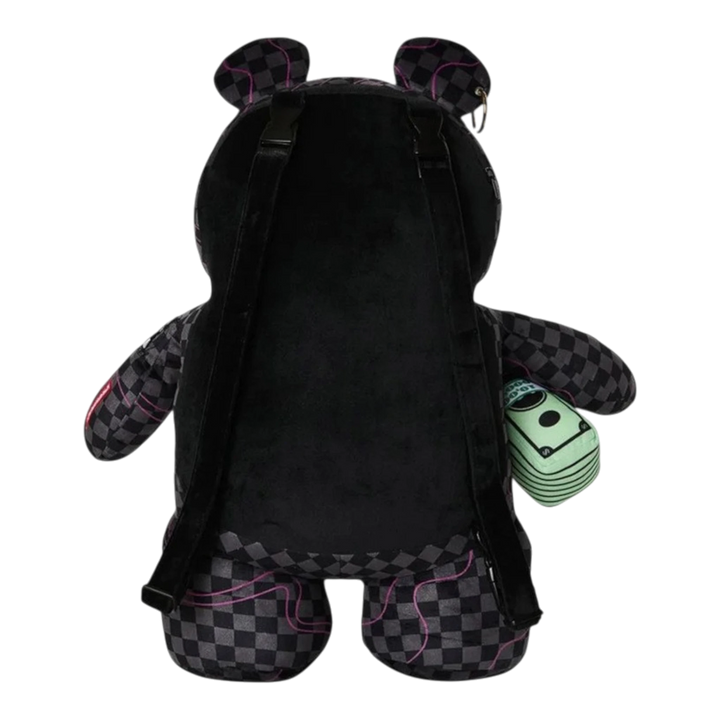 Back view of HypeSelection Sprayground Moneybear backpack in black checkerboard polyester with purple slime accents.