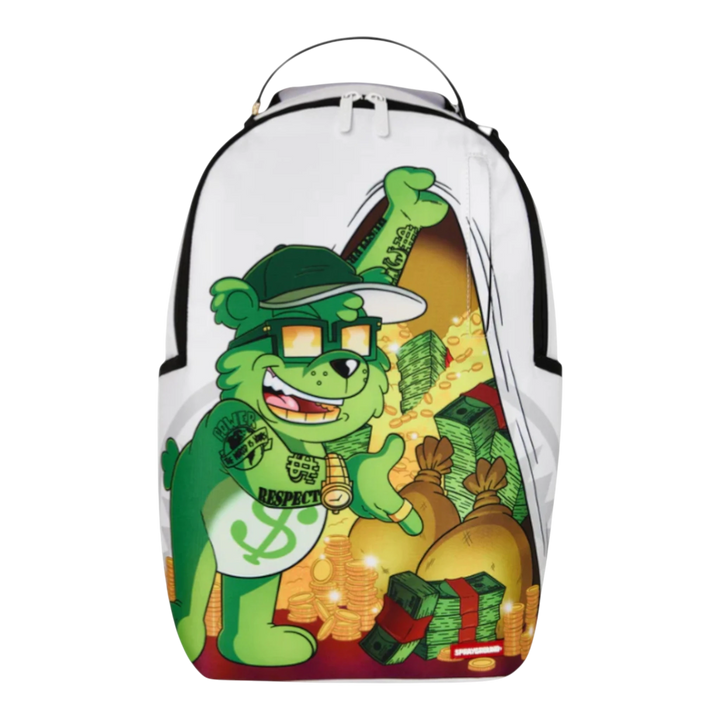 HypeSelection Moneybear backpack with green teddy bear, cash, and gold coins graphic. Polyester velour.