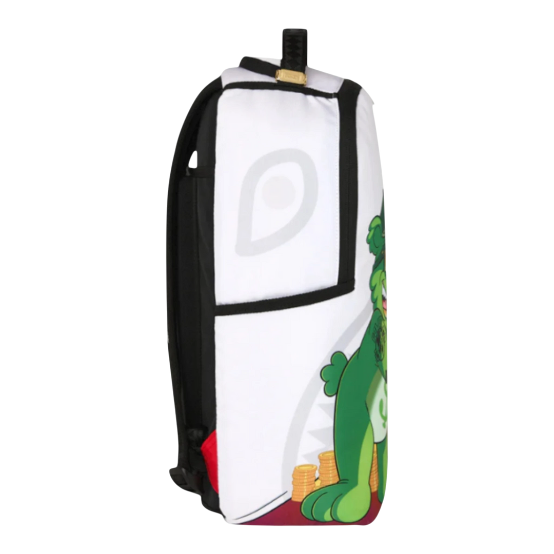 HypeSelection Moneybear Stash Backpack: a green teddy bear graphic with cash details on a white polyester velour backpack.