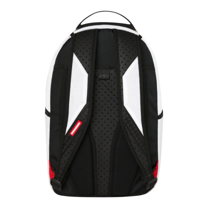 HypeSelection Sprayground Moneybear Stash backpack in black, white, and red. Features padded straps and a unique teddy bear design.