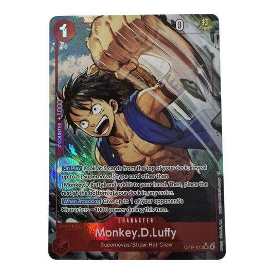 HypeSelection Monkey D. Luffy Alternate Art OP14-013 card from One Piece Azure Sea's Seven set. Red character card with dynamic artwork.