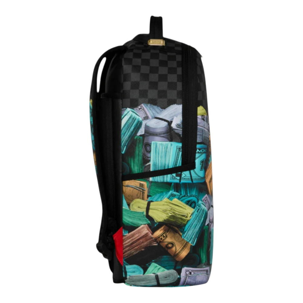 HypeSelection Monopoly Money Stacks backpack with black checkered top, featuring a vibrant graphic of stacked US dollar bills in green, blue, and brown.