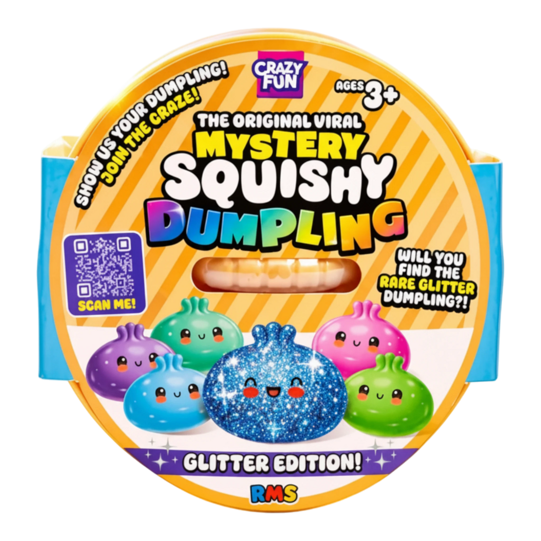 HypeSelection Mystery Squishy Dumpling blind box packaging featuring a glittery blue chase toy and colourful bun icons.