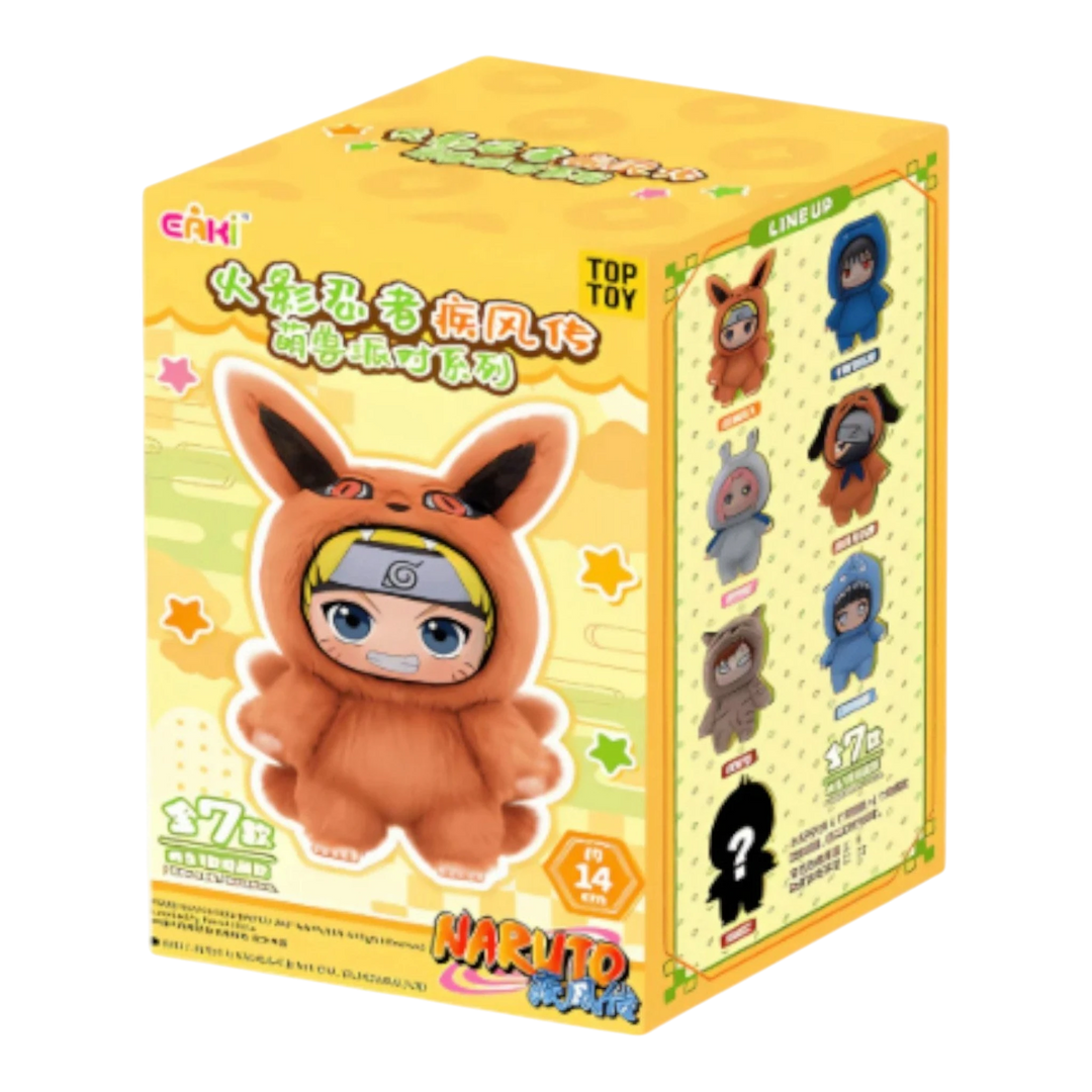 HypeSelection Naruto Cute Beast Party Series blind box featuring Naruto in a fluffy orange animal onesie with bunny ears. Collectible anime plush toy.