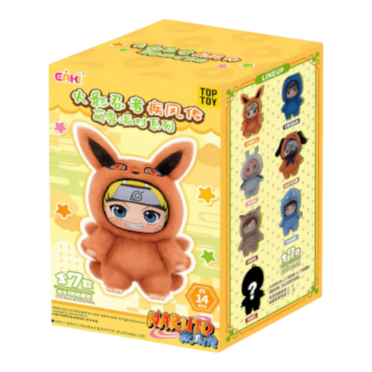 HypeSelection Naruto Cute Beast Party Series blind box featuring Naruto in a fluffy orange animal onesie with bunny ears. Collectible anime plush toy.