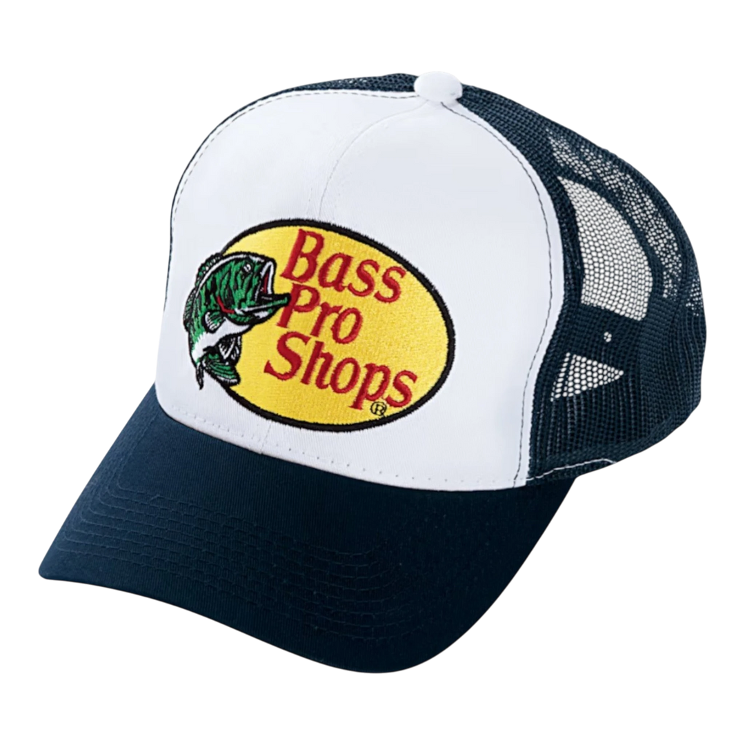 HypeSelection navy and white trucker cap with Bass Pro Shops embroidered logo on front and mesh back panels.