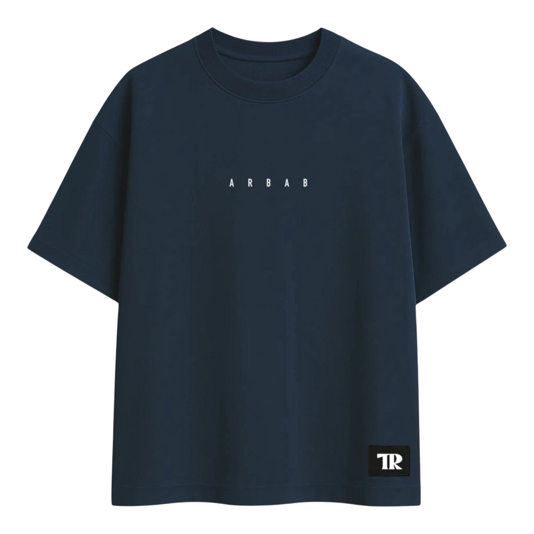 HypeSelection navy blue terry cotton t-shirt with oversized fit and 'ARBAB' text detail. Features a TR logo patch.