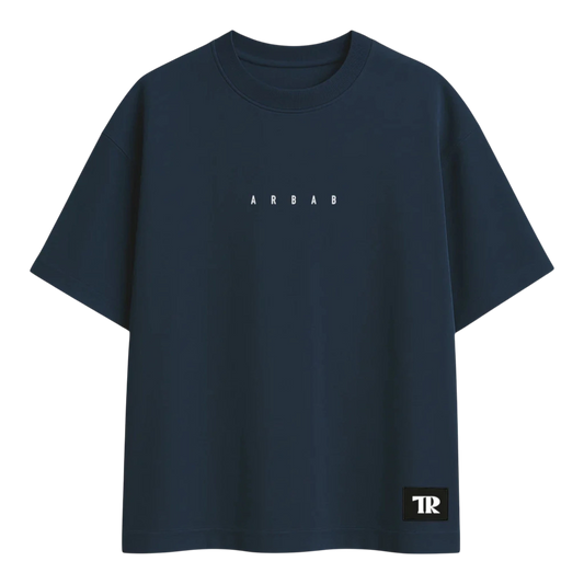 HypeSelection navy blue terry cotton t-shirt with oversized fit and 'ARBAB' text detail. Features a TR logo patch.