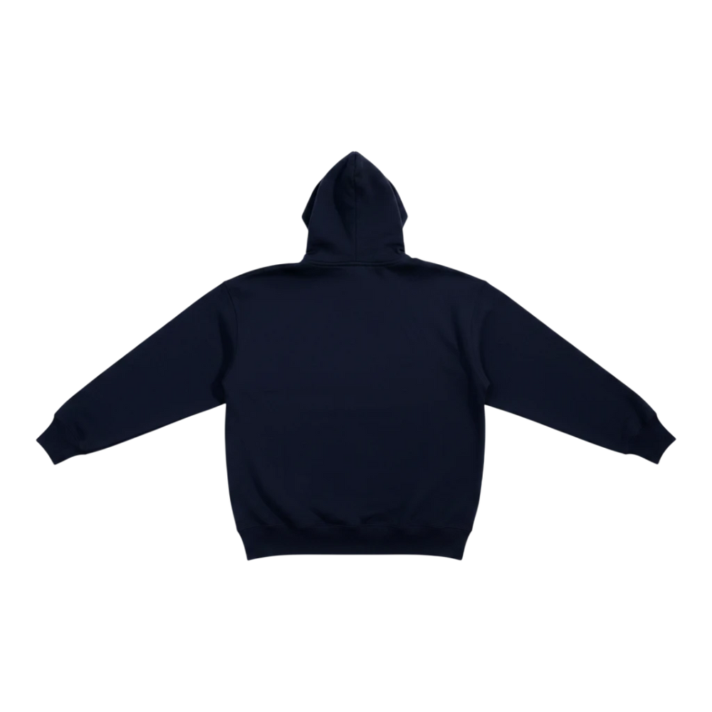 HypeSelection navy blue oversized pullover hoodie with a structured 3D hood and no drawstrings, made from cotton and polyester blend.