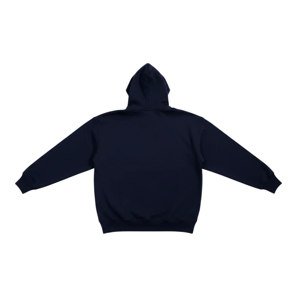 HypeSelection navy blue oversized pullover hoodie with a structured 3D hood and no drawstrings, made from cotton and polyester blend.