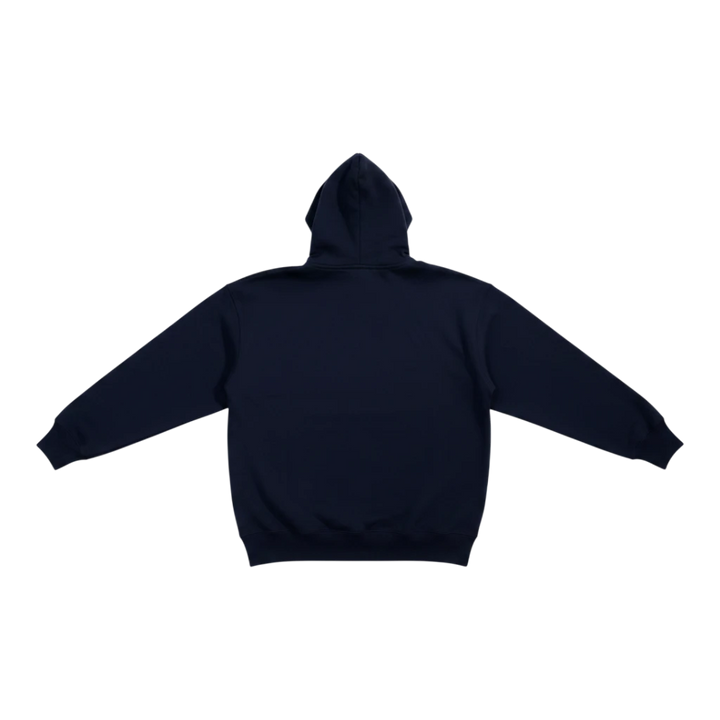 HypeSelection navy blue oversized pullover hoodie with a structured 3D hood and no drawstrings, made from cotton and polyester blend.