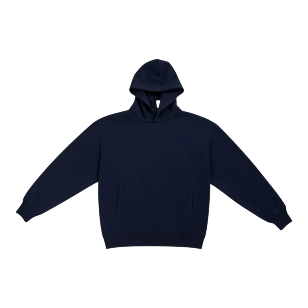 HypeSelection navy blue oversized pullover hoodie made from cotton and polyester blend, featuring a structured hood and front pockets.