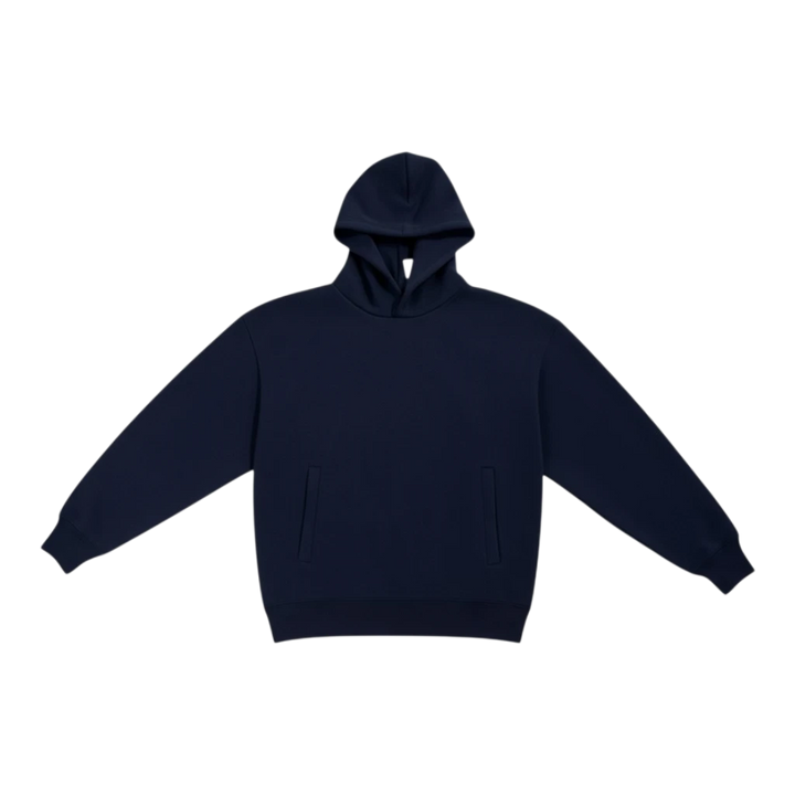 HypeSelection navy blue oversized pullover hoodie made from cotton and polyester blend, featuring a structured hood and front pockets.