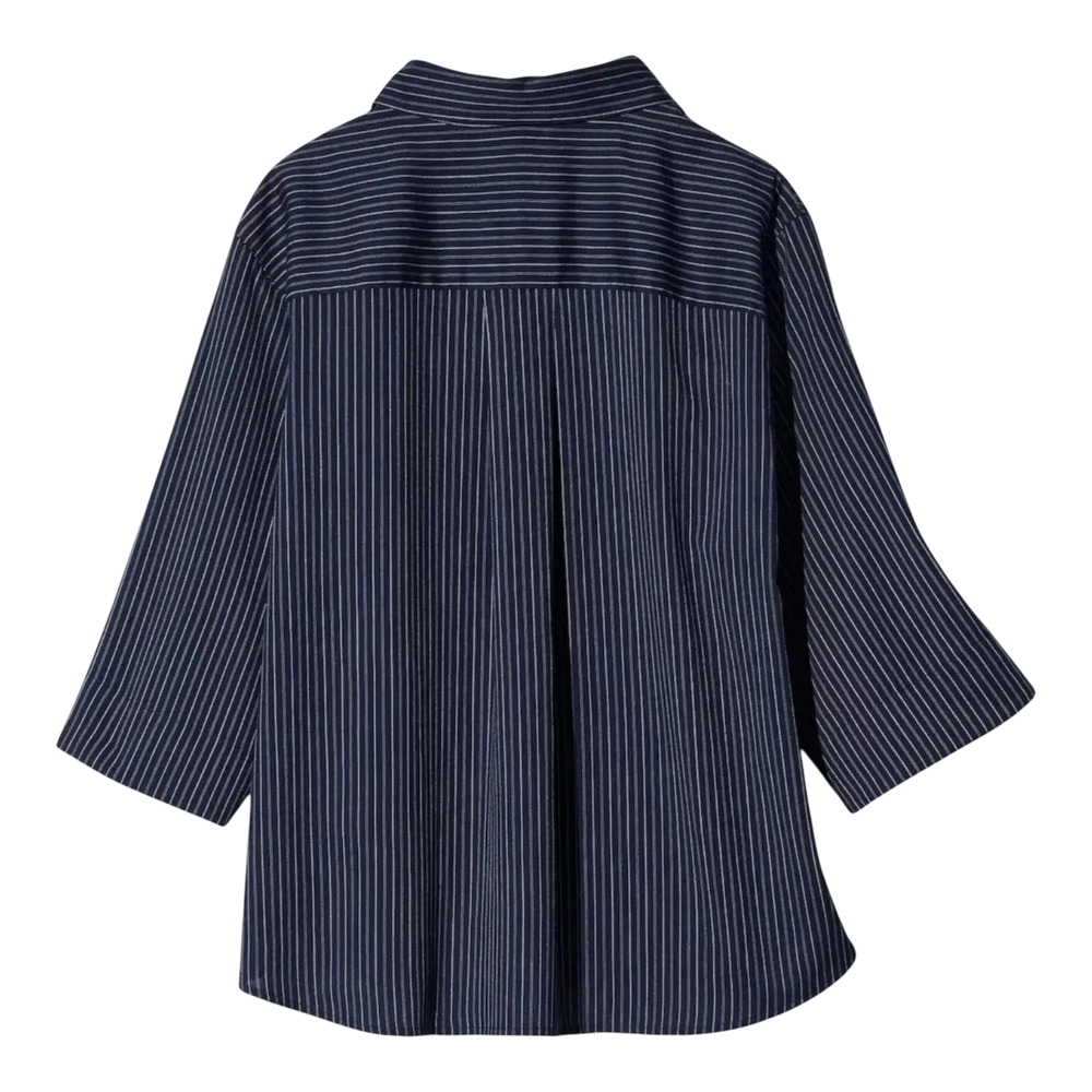 HypeSelection women's navy blue rayon-blend blouse with white pinstripes and 3/4 sleeves, featuring a skipper collar.