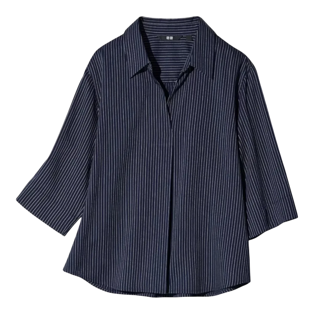 HypeSelection navy blue and white striped rayon-blend blouse with skipper collar and 3/4 sleeves.