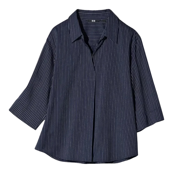 HypeSelection navy blue and white striped rayon-blend blouse with skipper collar and 3/4 sleeves.