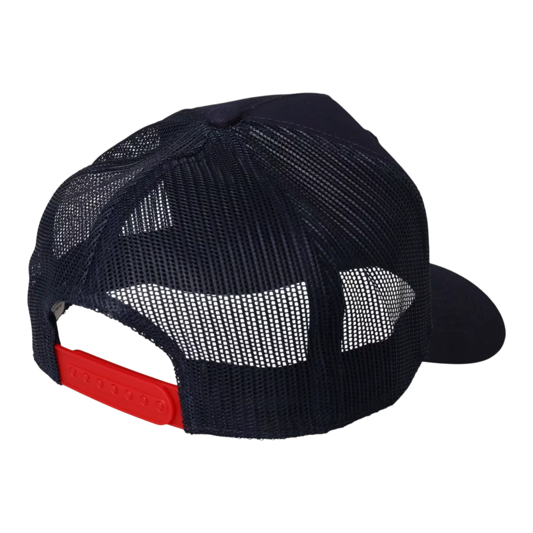 HypeSelection navy blue trucker cap with mesh back and red snapback closure. Features a vintage Bass Pro Shops patch.