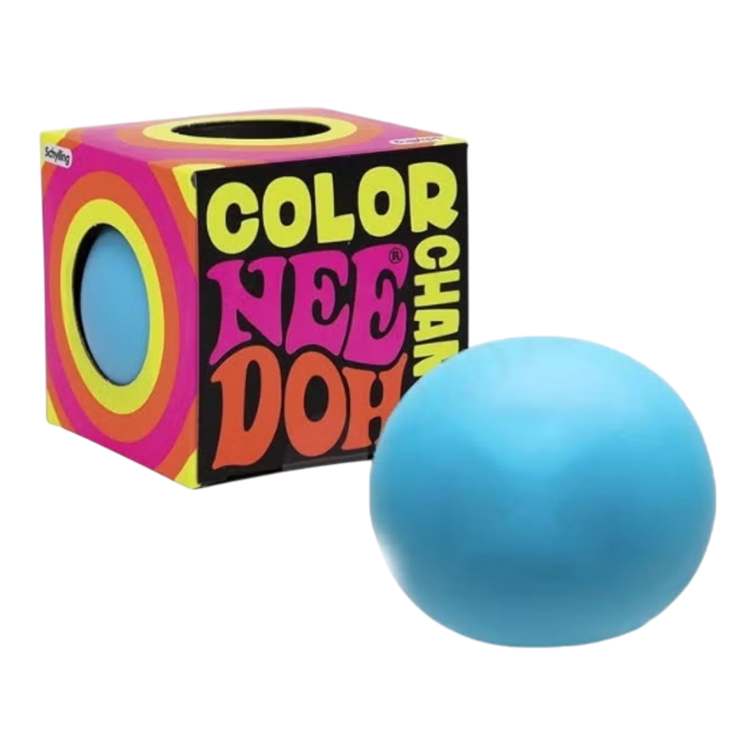NeeDoh Color Change sensory stress ball in blue, heat-reactive TPR exterior, 2.5 inch diameter, made by Schylling.