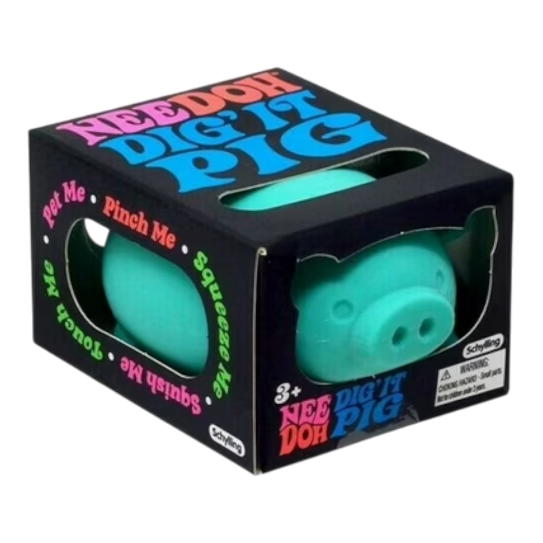 NeeDoh Dig' It Pig sensory fidget toy in blue neon, shaped like a pig with expressive eyes and snout. Made from TPR.