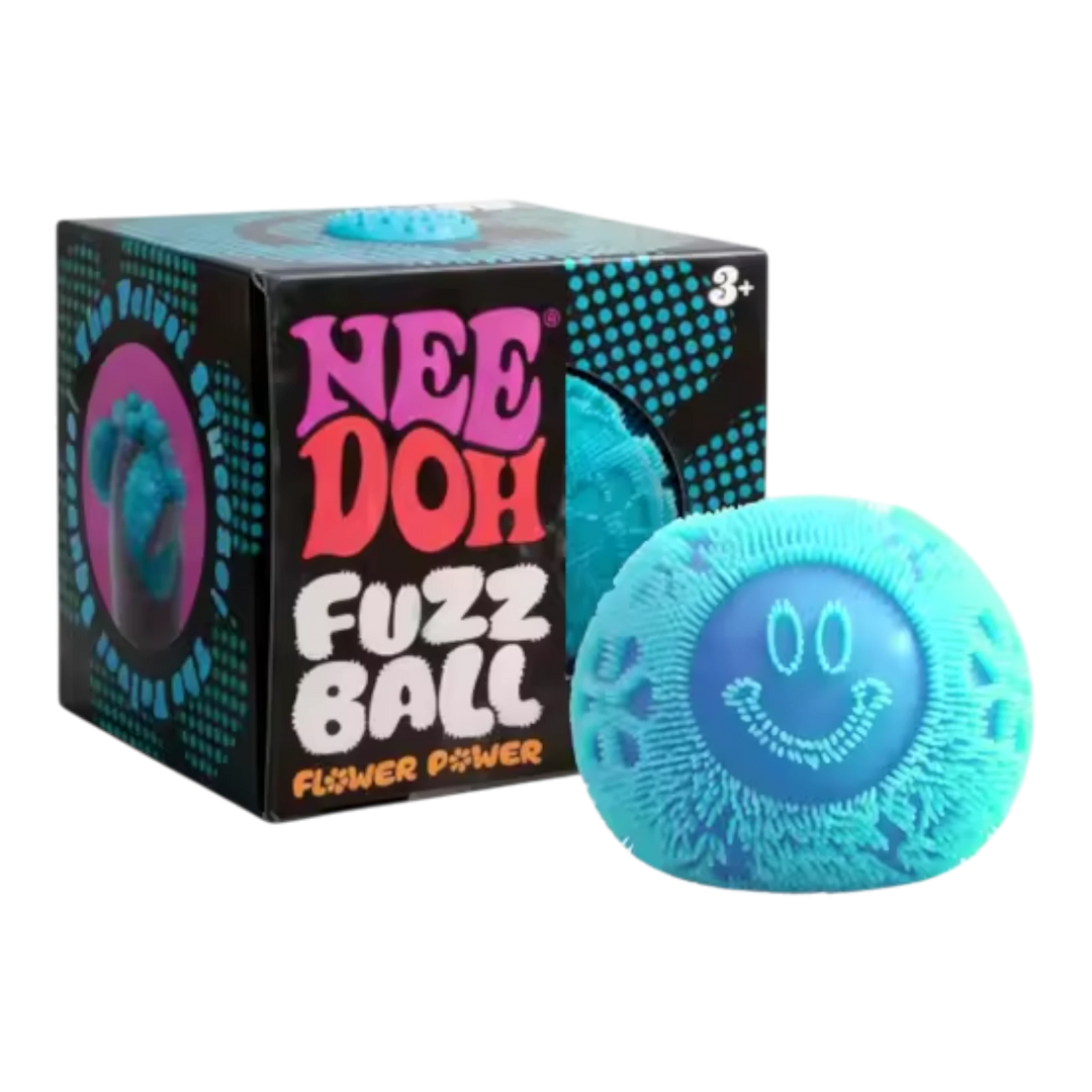 HypeSelection NeeDoh Fuzzball sensory toy in blue with a fuzzy texture and smiley face.