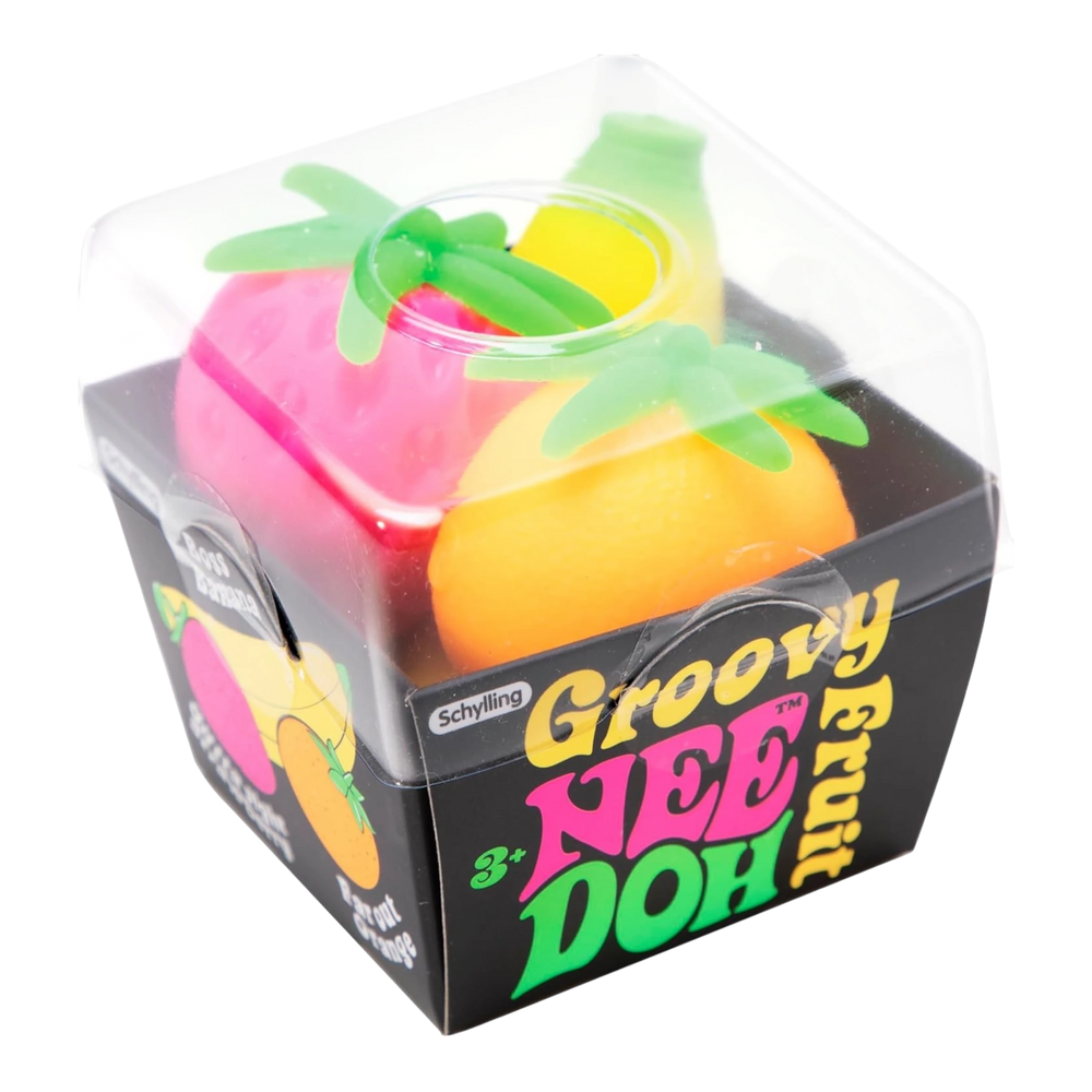 HypeSelection NeeDoh Groovy Fruit sensory fidget toy set with pink strawberry, orange, and yellow banana shapes.