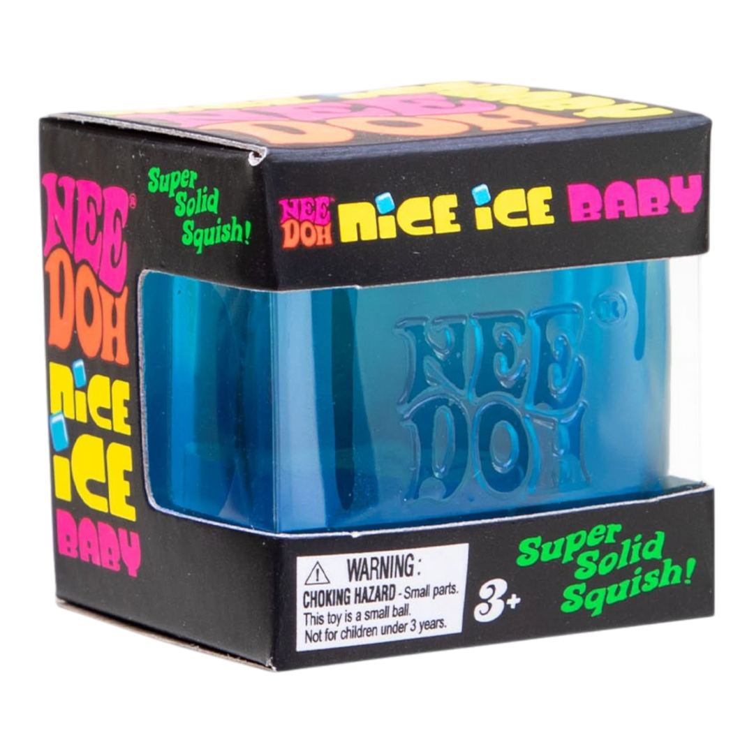 HypeSelection NeeDoh Ice Cube Mini blue translucent fidget toy with a super solid squish texture.