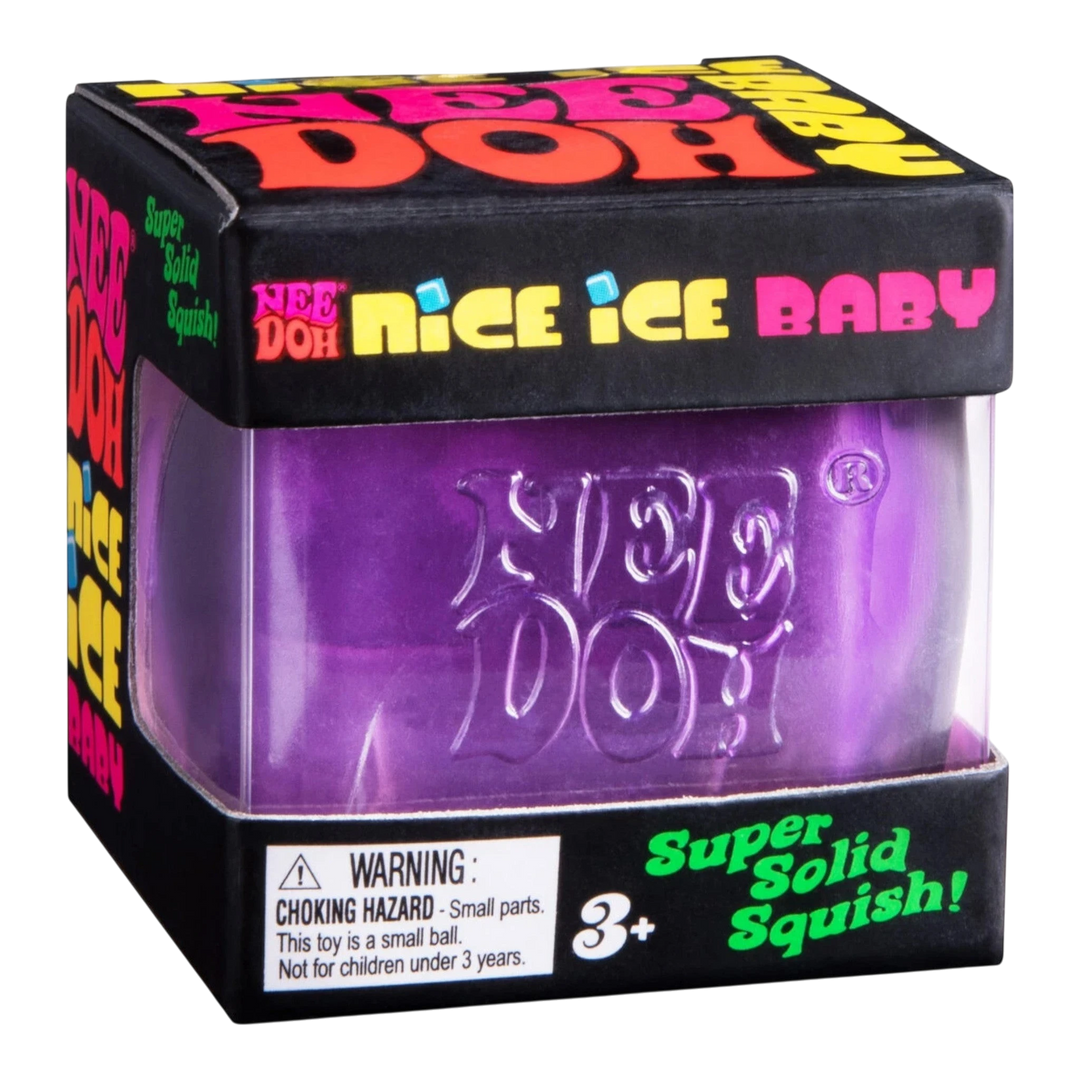 HypeSelection NeeDoh Ice Cube Mini purple translucent fidget toy with a super solid squish texture.