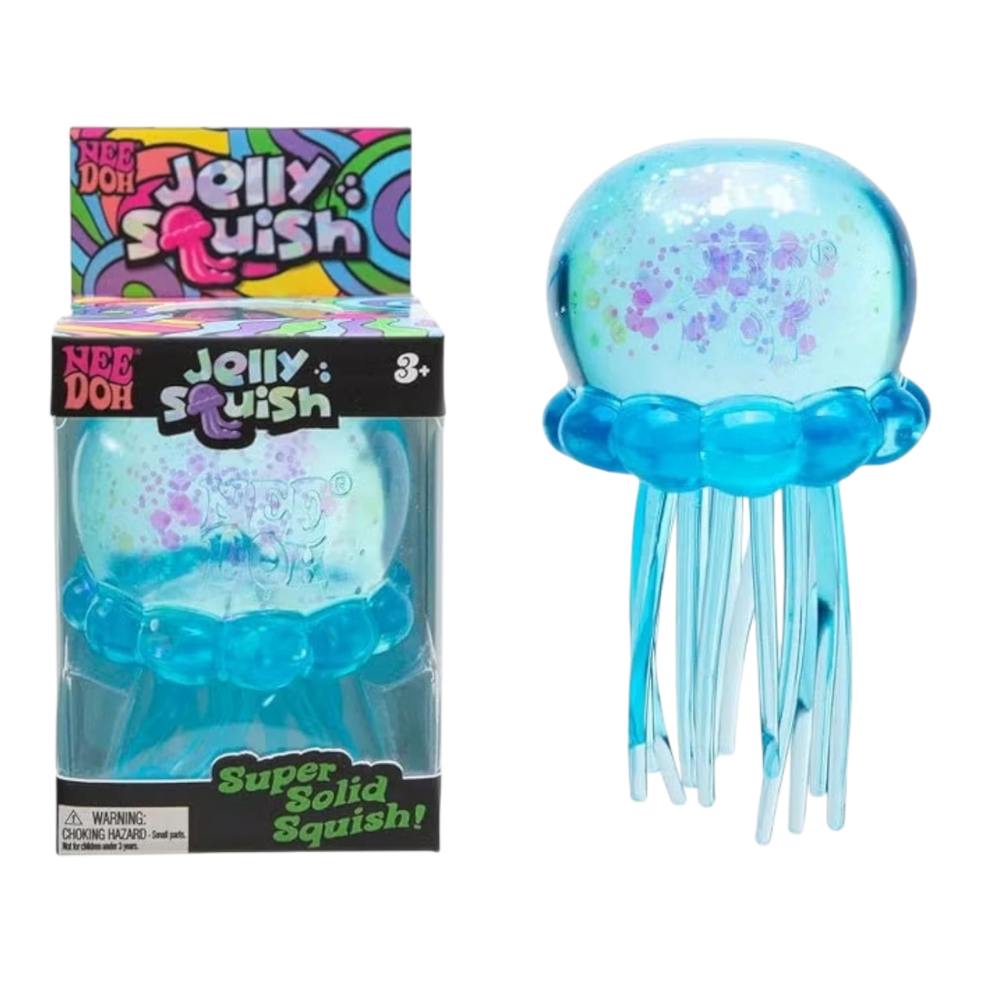 HypeSelection NeeDoh Jelly Fish sensory toy in translucent blue with dangling tentacles and glitter inside. For ages 3+.