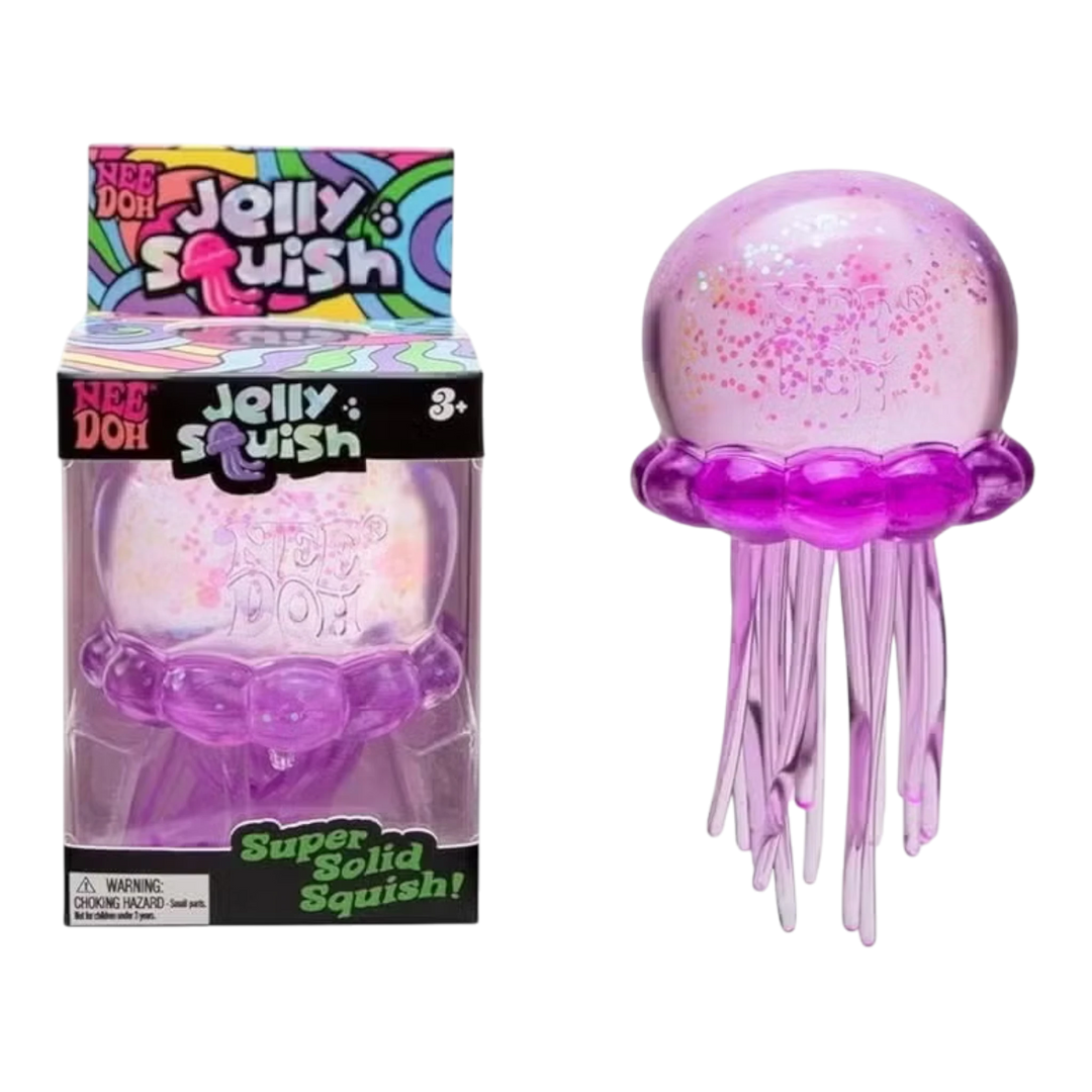 HypeSelection NeeDoh JellySquish purple glitter jellyfish fidget toy with translucent dome and floppy tentacles.