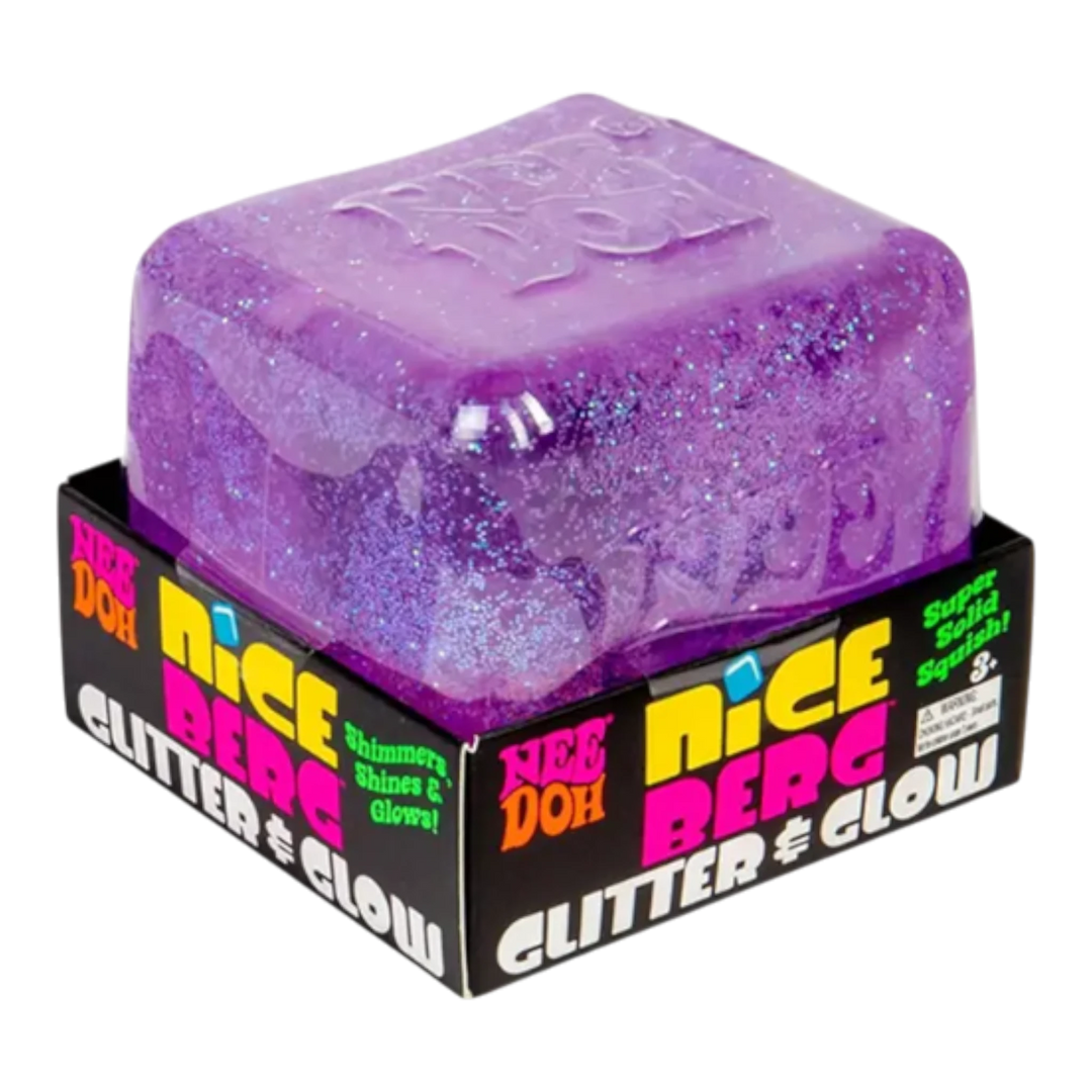 HypeSelection NeeDoh Large Glitter Purple squishy cube with embedded glitter and glow-in-the-dark finish. Super solid, two-handed stress relief toy.