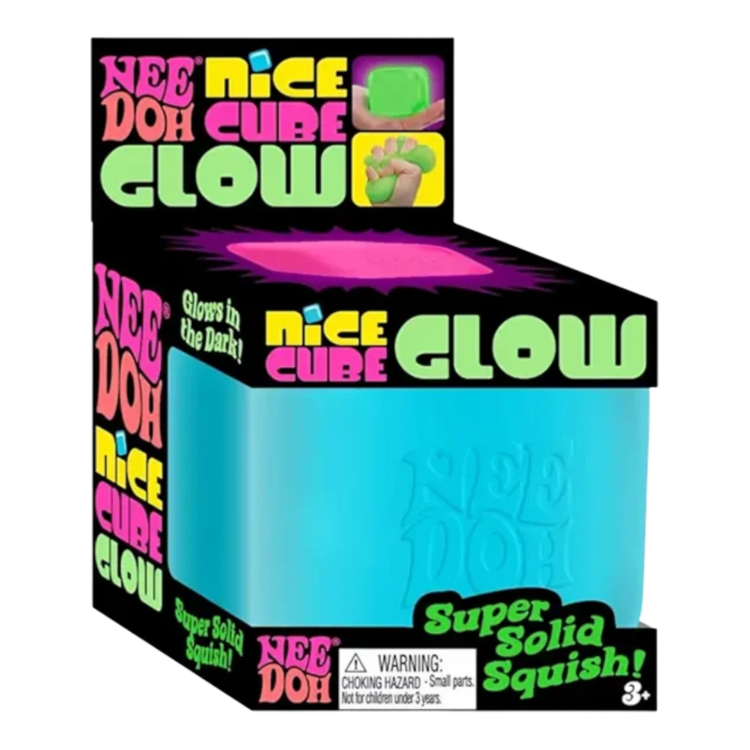 NeeDoh Nice Cube Glow sensory fidget toy in bright blue, glows in the dark, made of TPR. Super solid squish.