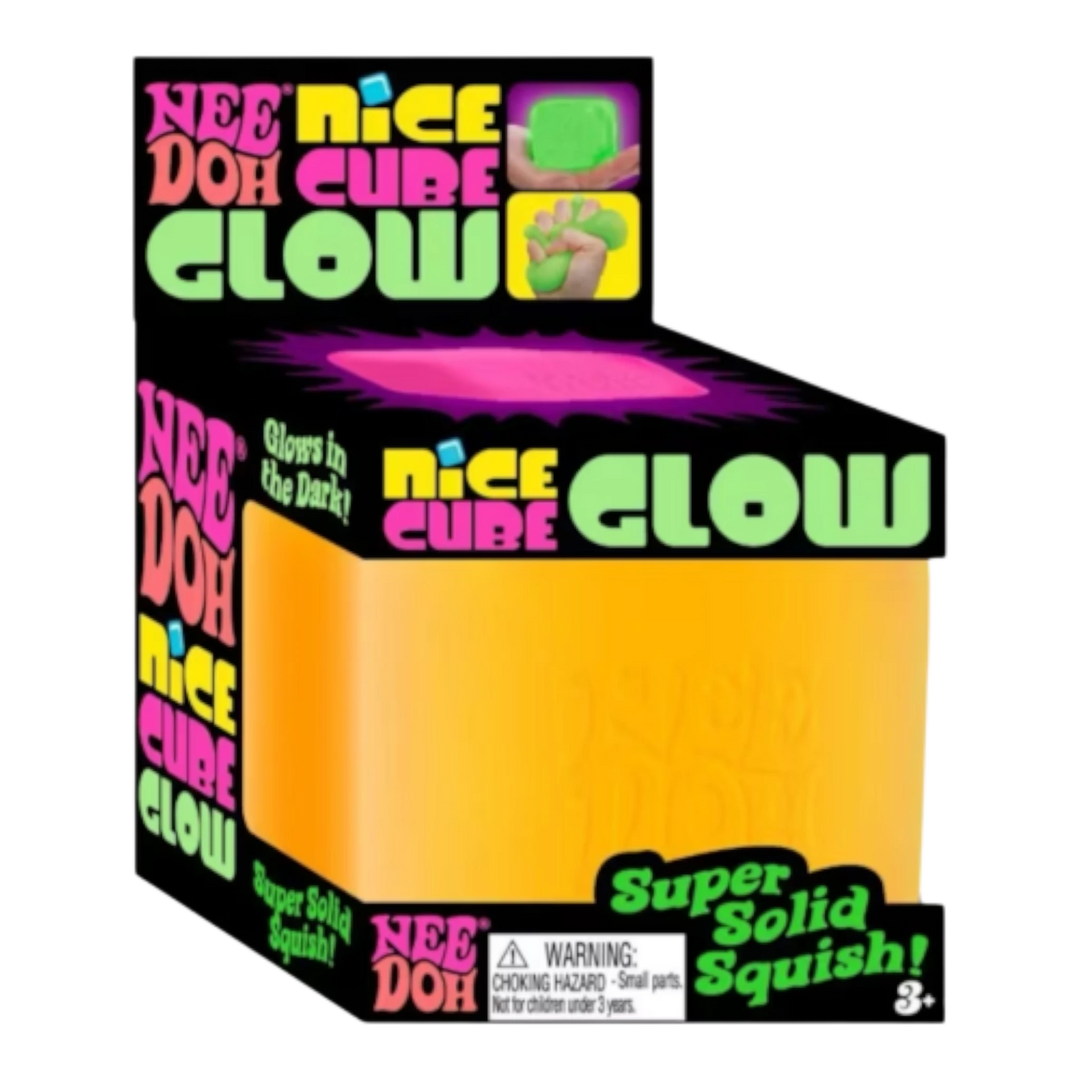 HypeSelection NeeDoh Nice Cube Glow sensory fidget toy in bright orange, glows in the dark, super solid squish.
